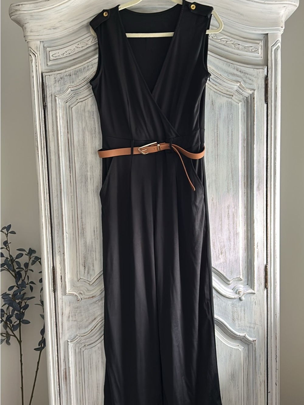 Black Sleeveless Wrap Jumpsuit with Brown Belt